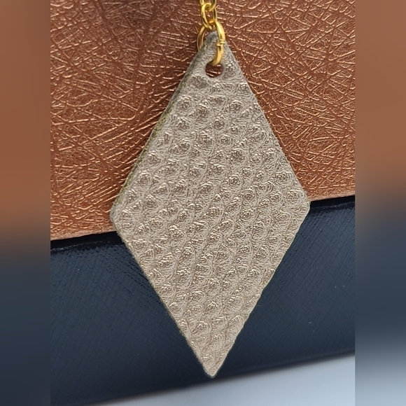 VEGAN Leather Dangle Post Earrings In Gold And Metallic Cream - Picture 6 of 10